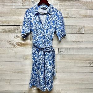 Zara Dress Size Large Blue White Floral Button Up Linen Blend Midi Pockets‎ Belt